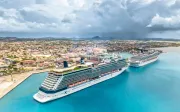 cruise ships docked at port of Oranjestad, Aruba (Aerial View)